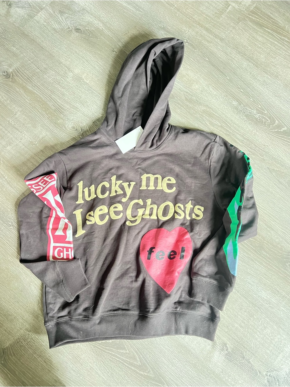 Lucky Me I See Ghosts Graphic Hoodie - Gray with Multicolor Prints
